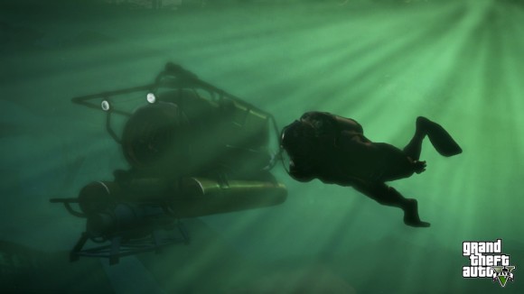 Mergulhador ao lado de submarino no GTA V
