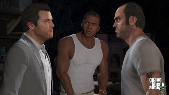 Screenshot do Michael, Franklin e Trevor no GTA V